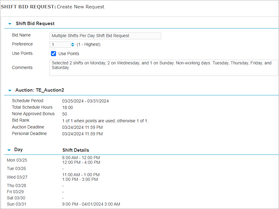 Multiple Shifts Per Day - Shift Bid Request Form