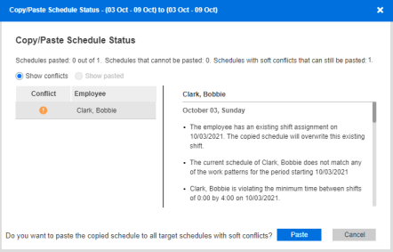 Copy / Paste Schedule Status Screen - Soft Conflicts
