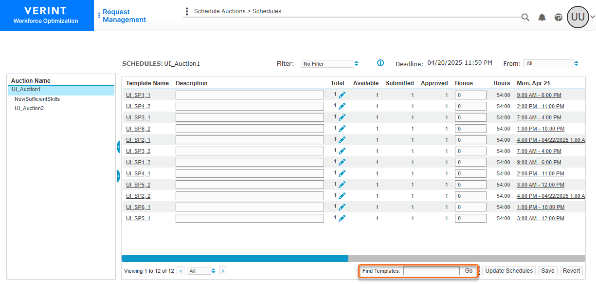 Find Templates - Schedule Auctions > Schedules