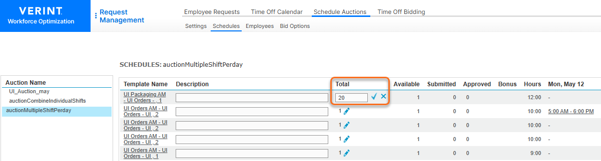 Schedule Auctions - Total Column