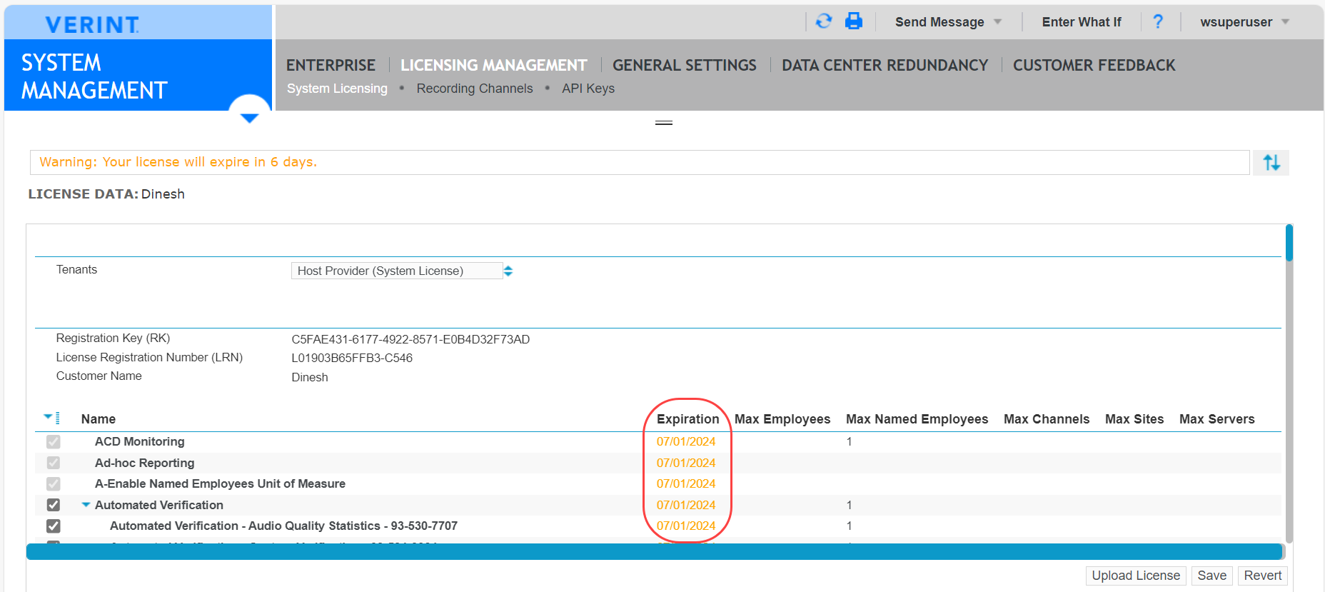 Screenshot of license expiration page